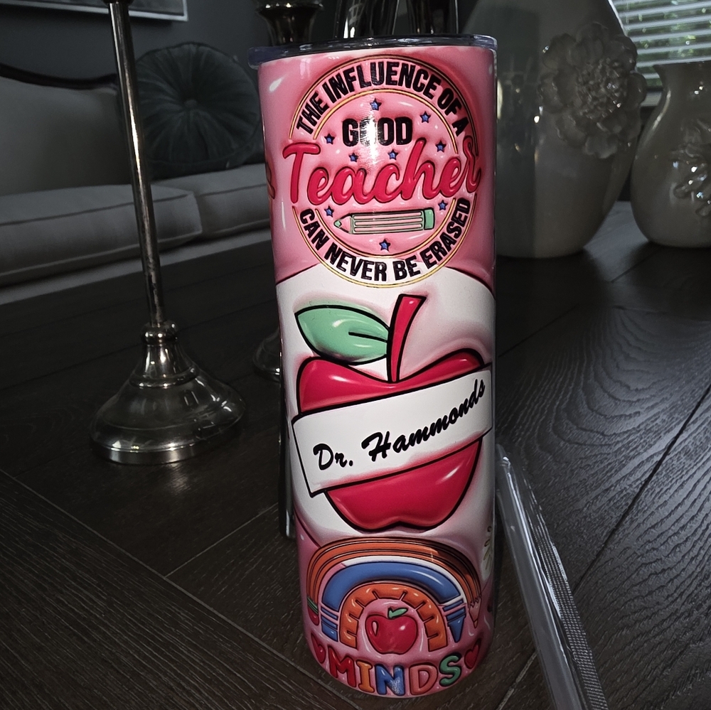 Pink Teacher Tumbler with Apple Design 20 oz Skinny Tumbler! Lets Personalize